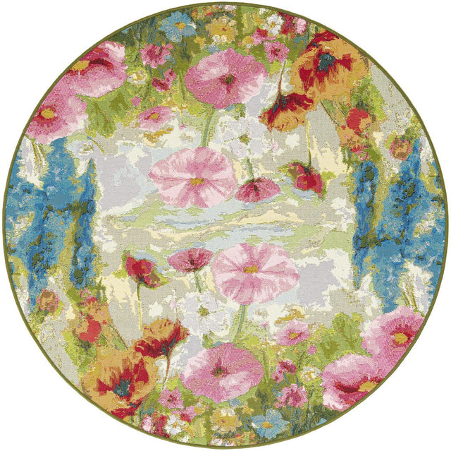 Multicolor 5' 1 x 5' 1 Outdoor Botanical Round Area Rug Weather Resistant for Patio, Deck, Terrace, Balcony, Porch Polypropylene Garden Floral Tropical Carpet for Sale at Rug Engine