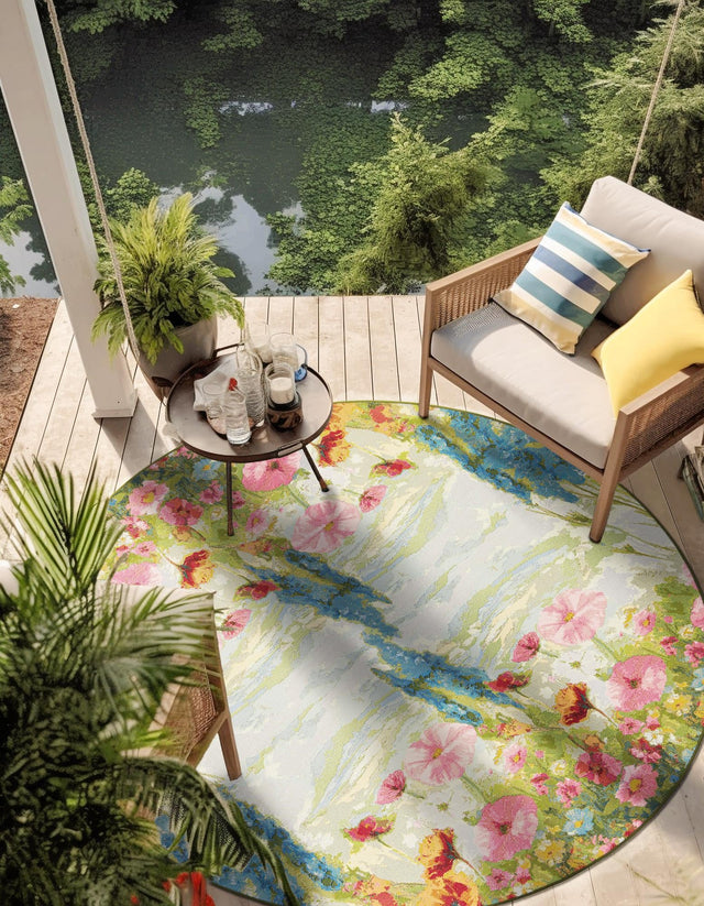 Multicolor 5' 1 x 5' 1 Outdoor Botanical Round Area Rug Weather Resistant for Patio, Deck, Terrace, Balcony, Porch Polypropylene Garden Floral Tropical Carpet for Sale at Rug Engine