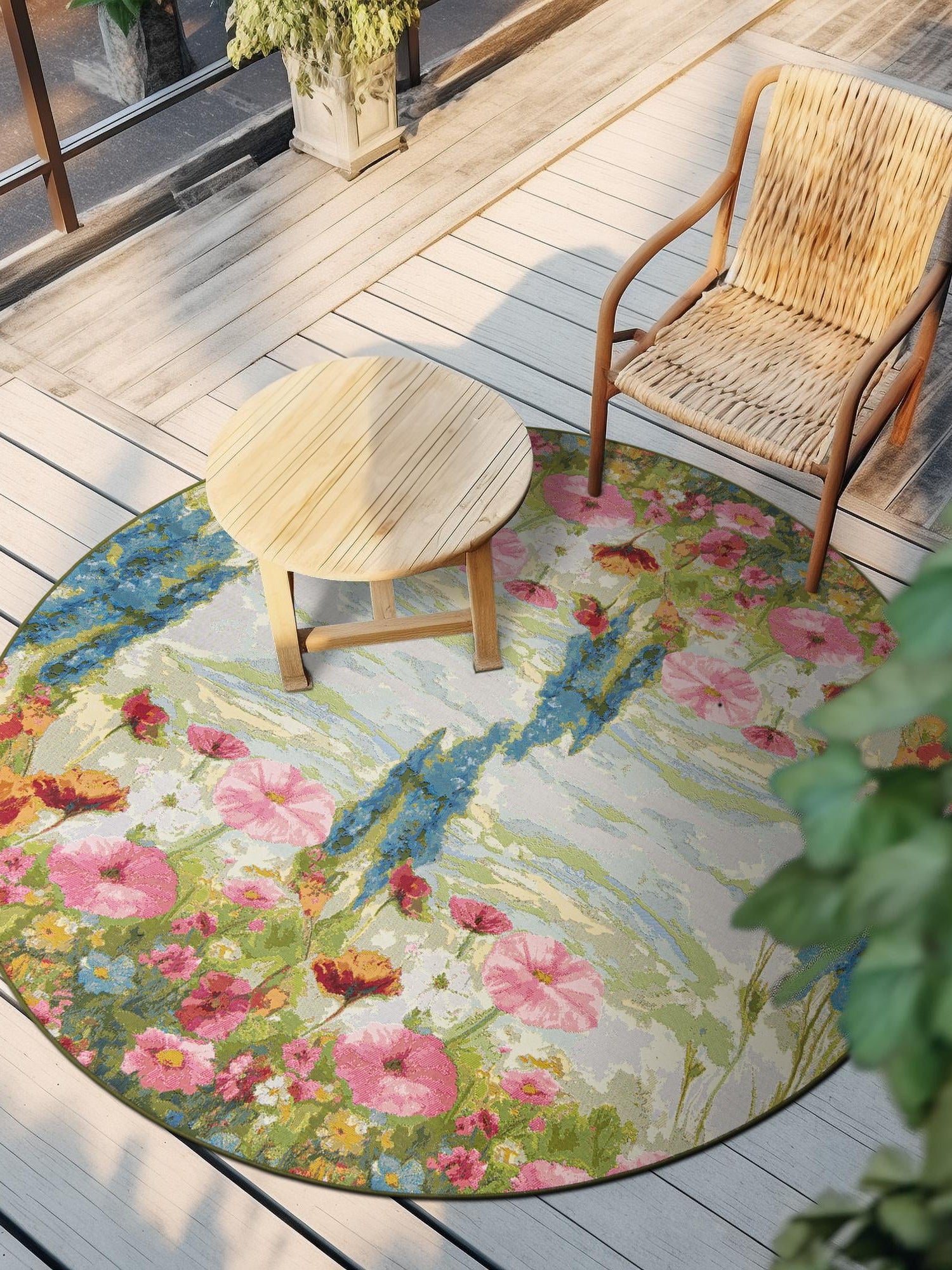 Multicolor 5' 1 x 5' 1 Outdoor Botanical Round Area Rug Weather Resistant for Patio, Deck, Terrace, Balcony, Porch Polypropylene Garden Floral Tropical Carpet for Sale at Rug Engine