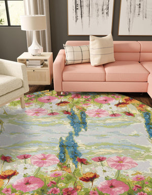 Multicolor 5' 1 x 5' 1 Outdoor Botanical Round Area Rug Weather Resistant for Patio, Deck, Terrace, Balcony, Porch Polypropylene Garden Floral Tropical Carpet for Sale at Rug Engine