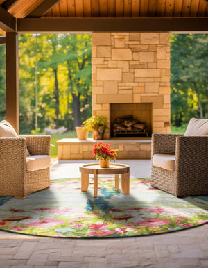 Multicolor 5' 1 x 5' 1 Outdoor Botanical Round Area Rug Weather Resistant for Patio, Deck, Terrace, Balcony, Porch Polypropylene Garden Floral Tropical Carpet for Sale at Rug Engine