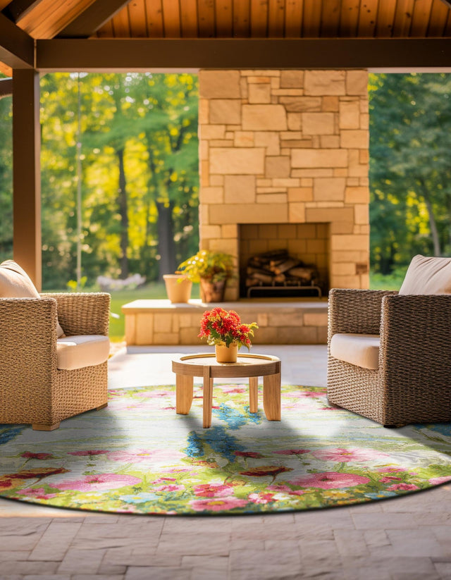 Multicolor 5' 1 x 5' 1 Outdoor Botanical Round Area Rug Weather Resistant for Patio, Deck, Terrace, Balcony, Porch Polypropylene Garden Floral Tropical Carpet for Sale at Rug Engine
