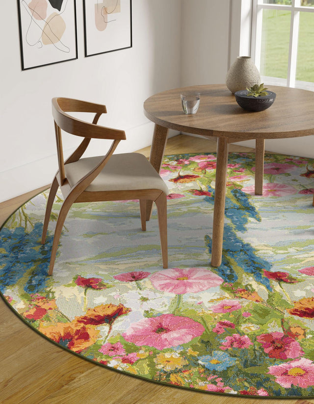 Multicolor 5' 1 x 5' 1 Outdoor Botanical Round Area Rug Weather Resistant for Patio, Deck, Terrace, Balcony, Porch Polypropylene Garden Floral Tropical Carpet for Sale at Rug Engine