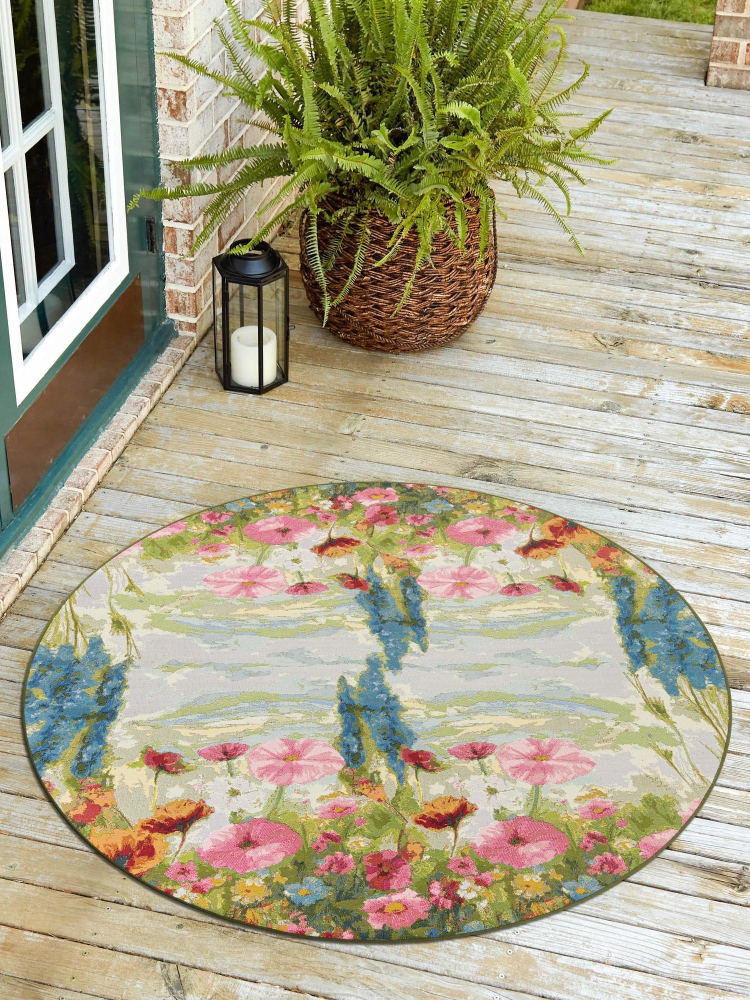 Multicolor 5' 1 x 5' 1 Outdoor Botanical Round Area Rug Weather Resistant for Patio, Deck, Terrace, Balcony, Porch Polypropylene Garden Floral Tropical Carpet for Sale at Rug Engine