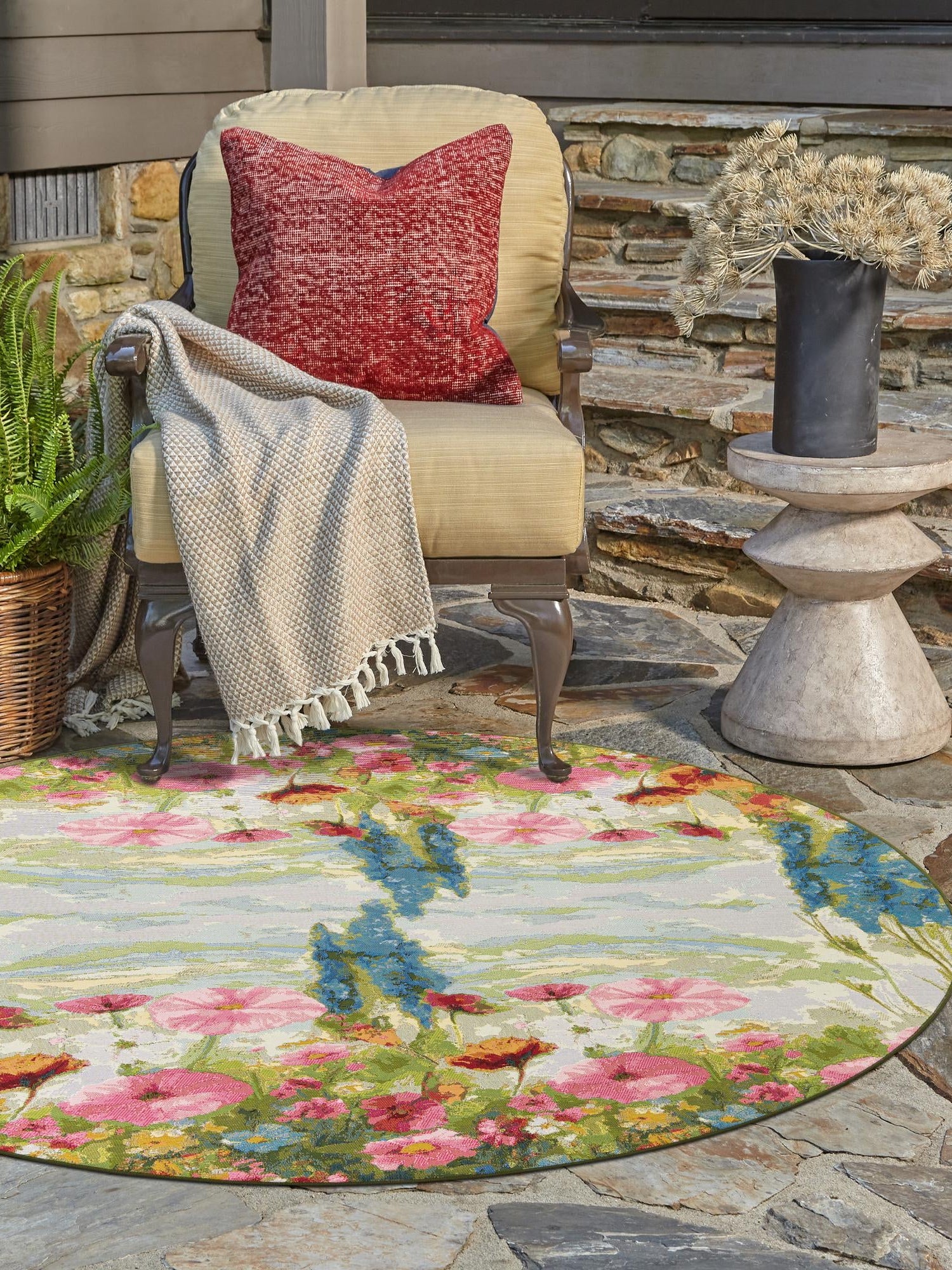 Multicolor 4' 1 x 4' 1 Outdoor Botanical Round Area Rug Weather Resistant for Patio, Deck, Terrace, Balcony, Porch Polypropylene Garden Floral Tropical Carpet for Sale at Rug Engine