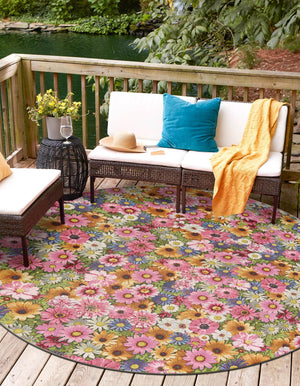 Multicolor 5' 1 x 5' 1 Outdoor Botanical Round Area Rug Weather Resistant for Patio, Deck, Terrace, Balcony, Porch Polypropylene Garden Floral Tropical Carpet for Sale at Rug Engine