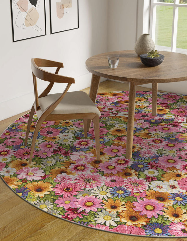 Multicolor 5' 1 x 5' 1 Outdoor Botanical Round Area Rug Weather Resistant for Patio, Deck, Terrace, Balcony, Porch Polypropylene Garden Floral Tropical Carpet for Sale at Rug Engine