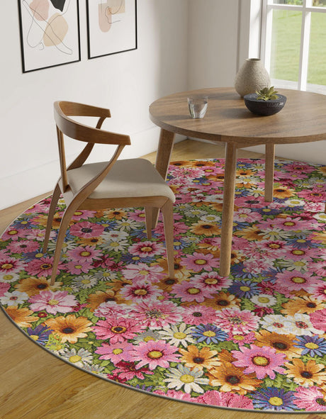 Multicolor 3' 1 x 3' 1 Outdoor Botanical Round Rug