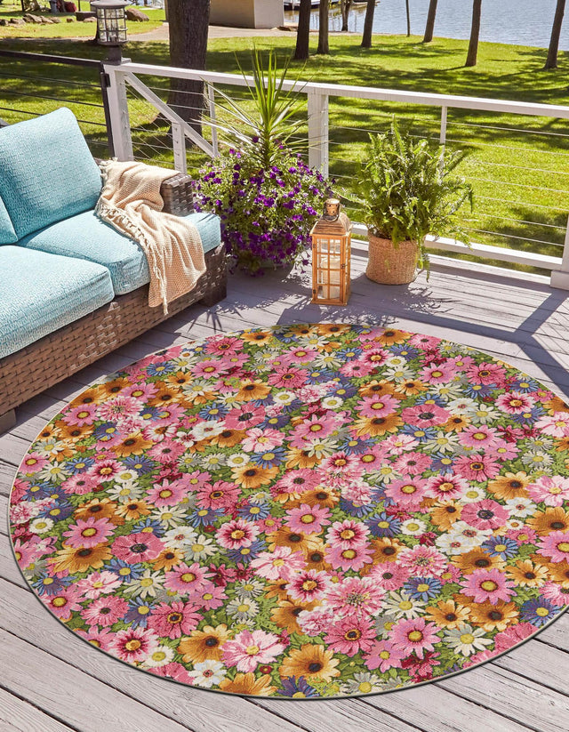 Multicolor 5' 1 x 5' 1 Outdoor Botanical Round Area Rug Weather Resistant for Patio, Deck, Terrace, Balcony, Porch Polypropylene Garden Floral Tropical Carpet for Sale at Rug Engine