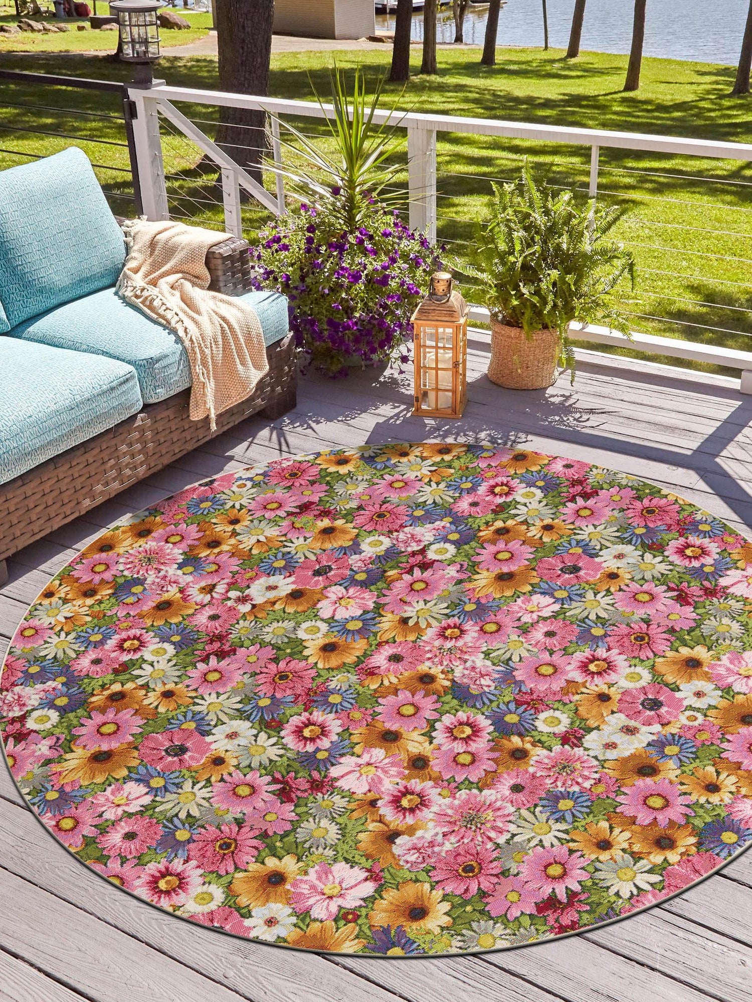 Multicolor 6' 1 x 6' 1 Outdoor Botanical Round Area Rug Weather Resistant for Patio, Deck, Terrace, Balcony, Porch Polypropylene Garden Floral Tropical Carpet for Sale at Rug Engine