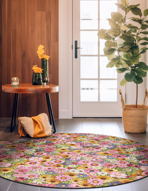 Multicolor 5' 1 x 5' 1 Outdoor Botanical Round Area Rug Weather Resistant for Patio, Deck, Terrace, Balcony, Porch Polypropylene Garden Floral Tropical Carpet for Sale at Rug Engine