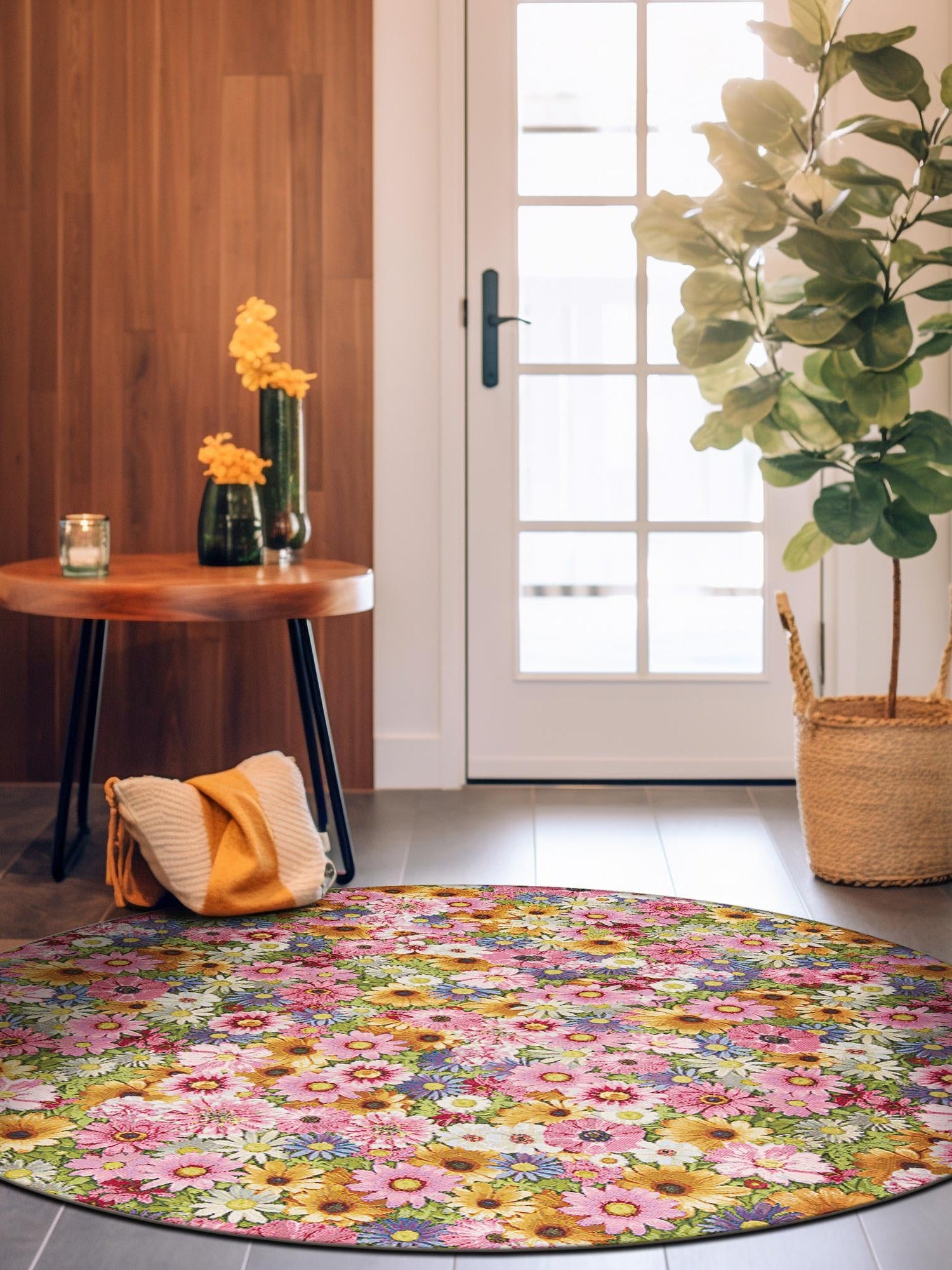 Multicolor 3' 1 x 3' 1 Outdoor Botanical Round Area Rug Weather Resistant for Patio, Deck, Terrace, Balcony, Porch Polypropylene Garden Floral Tropical Carpet for Sale at Rug Engine