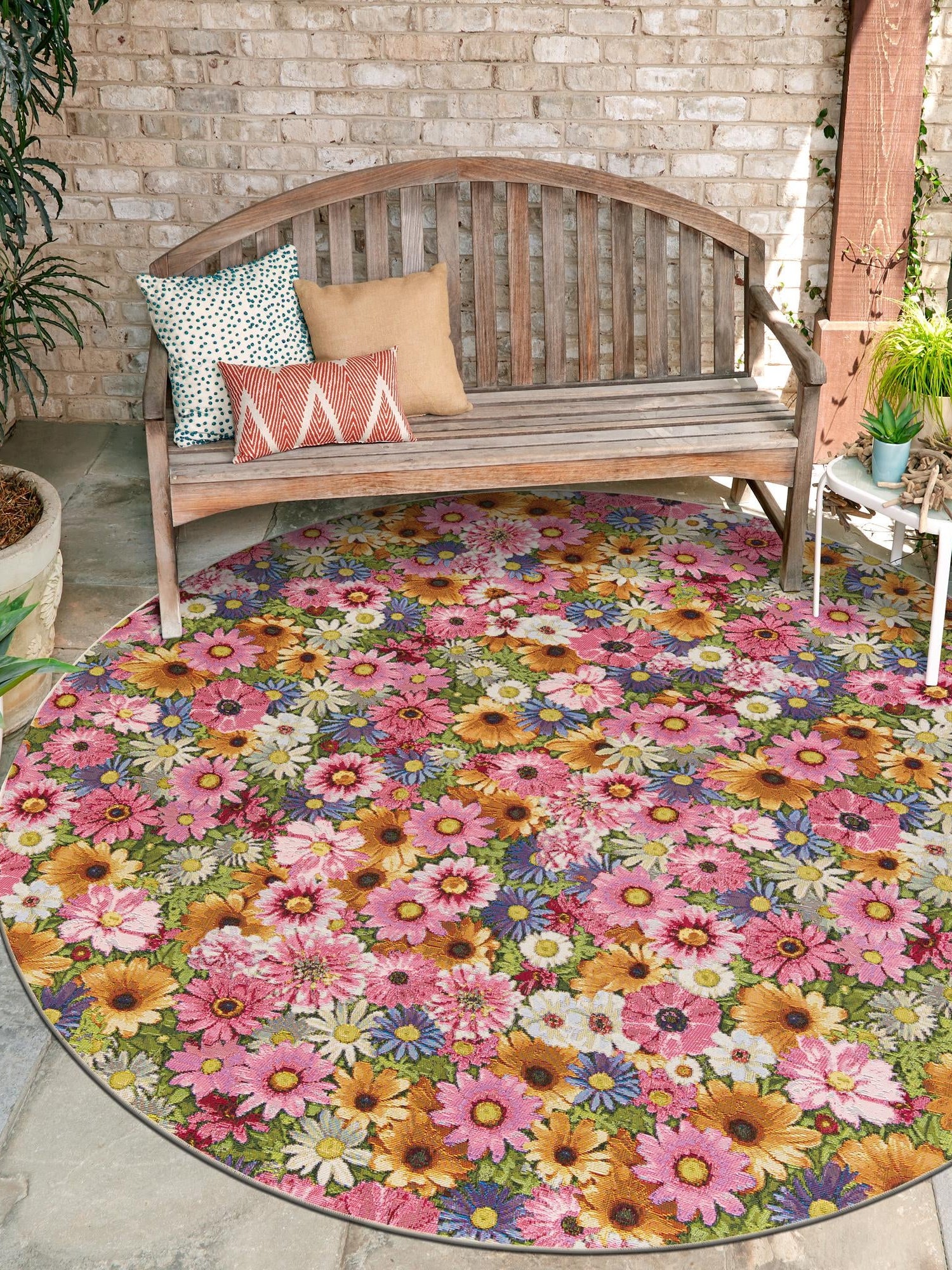 Multicolor 6' 1 x 6' 1 Outdoor Botanical Round Area Rug Weather Resistant for Patio, Deck, Terrace, Balcony, Porch Polypropylene Garden Floral Tropical Carpet for Sale at Rug Engine