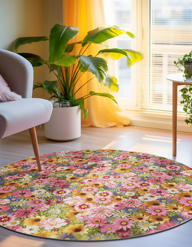 Multicolor 3' 1 x 3' 1 Outdoor Botanical Round Rug