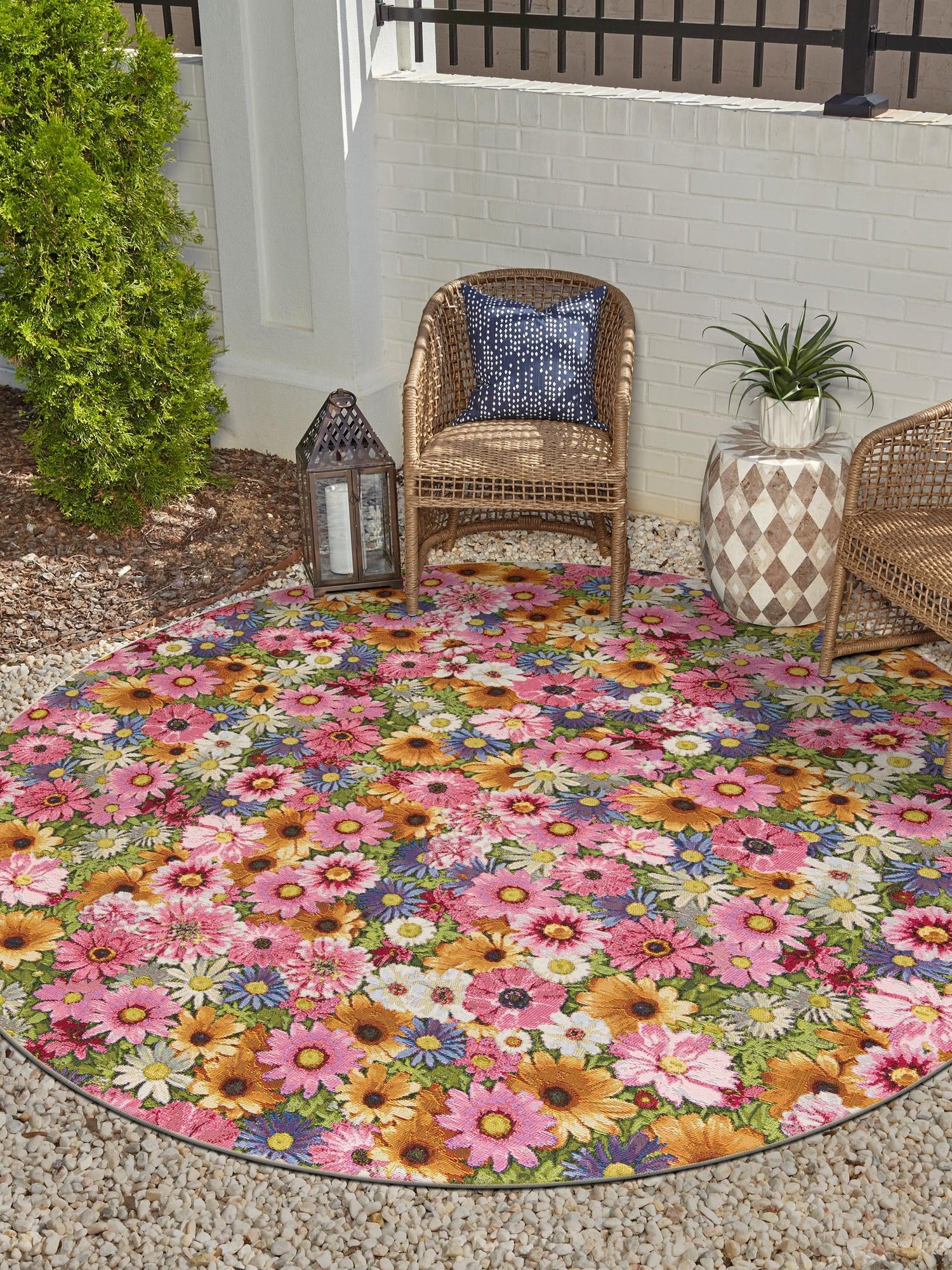 Multicolor 10' x 10' Outdoor Botanical Round Area Rug Weather Resistant for Patio, Deck, Terrace, Balcony, Porch Polypropylene Garden Floral Tropical Carpet for Sale at Rug Engine