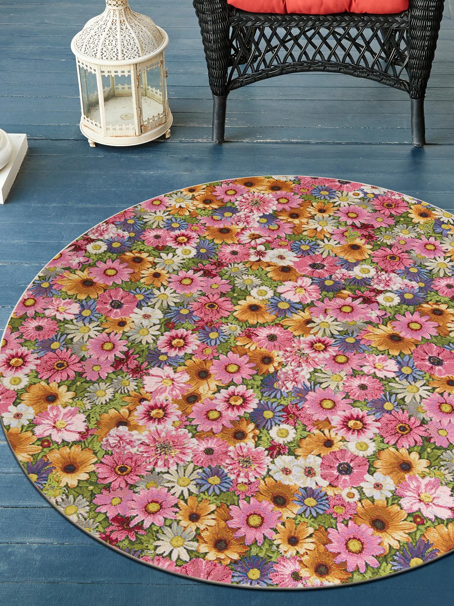 Multicolor 4' 1 x 4' 1 Outdoor Botanical Round Area Rug Weather Resistant for Patio, Deck, Terrace, Balcony, Porch Polypropylene Garden Floral Tropical Carpet for Sale at Rug Engine