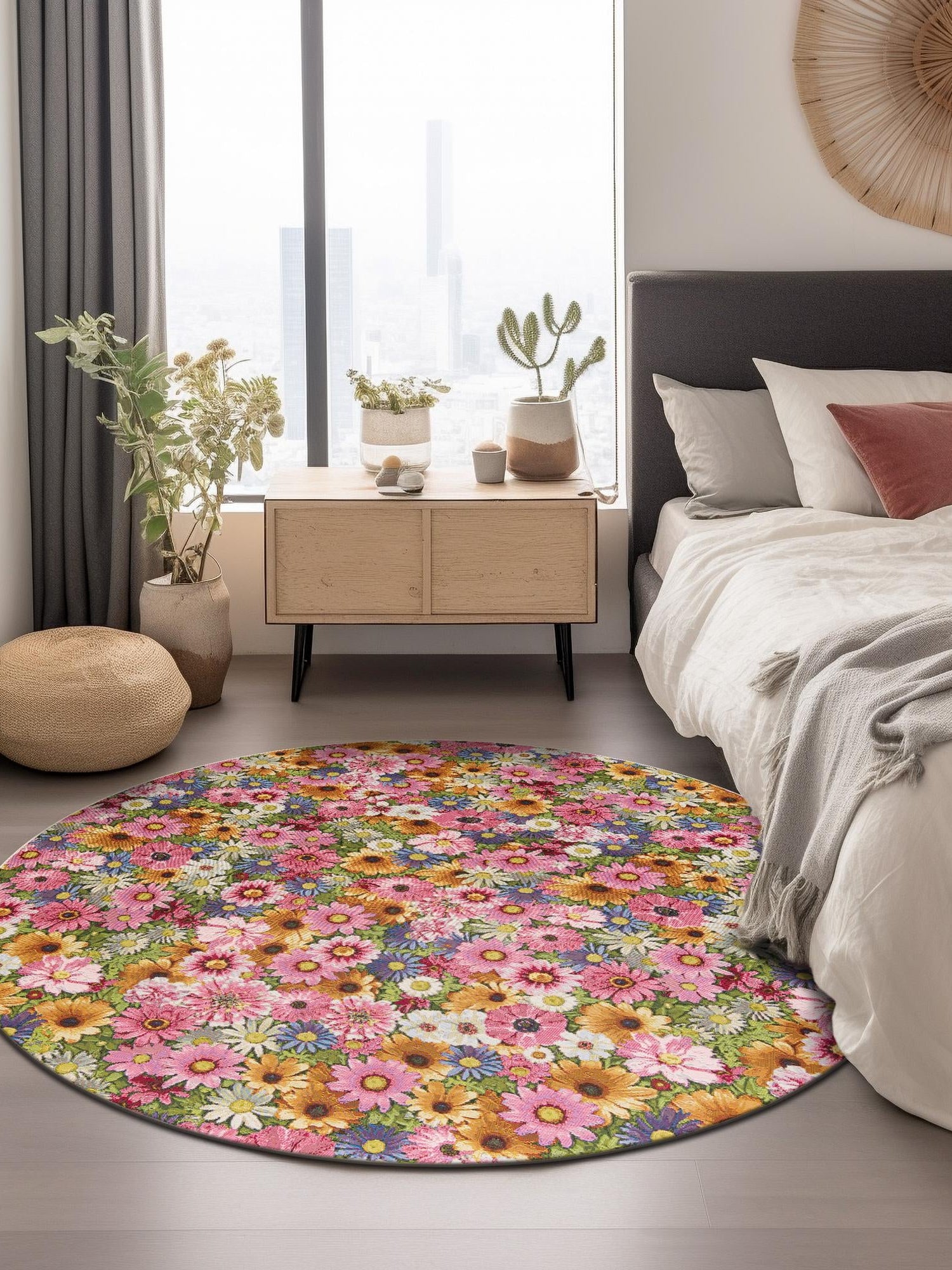 Multicolor 8' x 8' Outdoor Botanical Round Area Rug Weather Resistant for Patio, Deck, Terrace, Balcony, Porch Polypropylene Garden Floral Tropical Carpet for Sale at Rug Engine