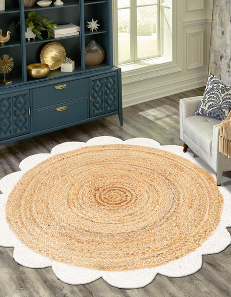 Natural and Ivory 3' 1 x 3' 1 Scallop Braided Jute Round Rug