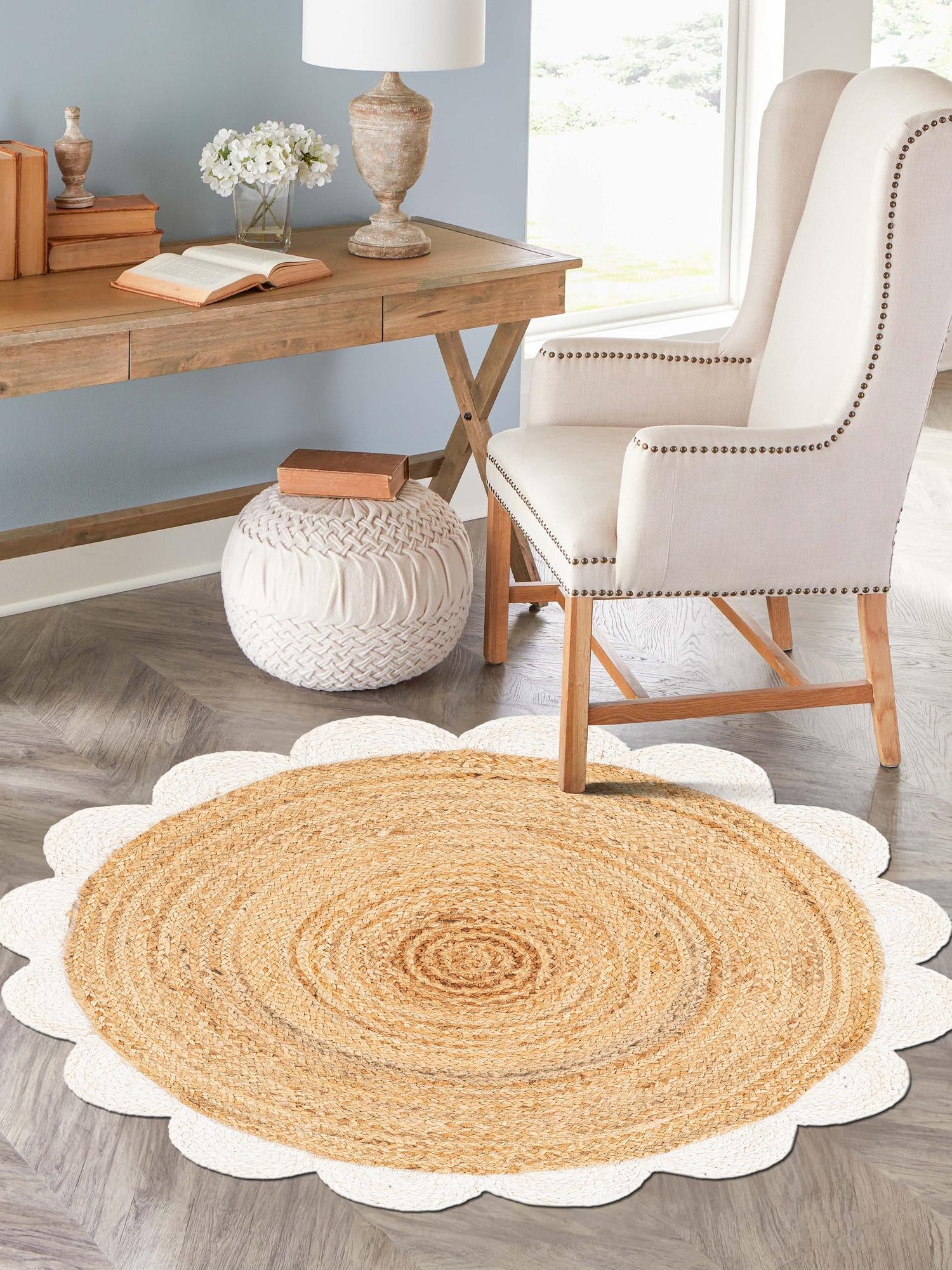 Natural and Ivory 8' x 8' Scallop Braided Jute Round Area Rug Eco Friendly 100% Jute All Natural Durable Carpet for Affordable Unique Home Interiors for Sale at Rug Engine