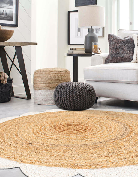 Natural and Ivory 3' 1 x 3' 1 Scallop Braided Jute Round Area Rug Eco Friendly 100% Jute All Natural Durable Carpet for Affordable Unique Home Interiors for Sale at Rug Engine