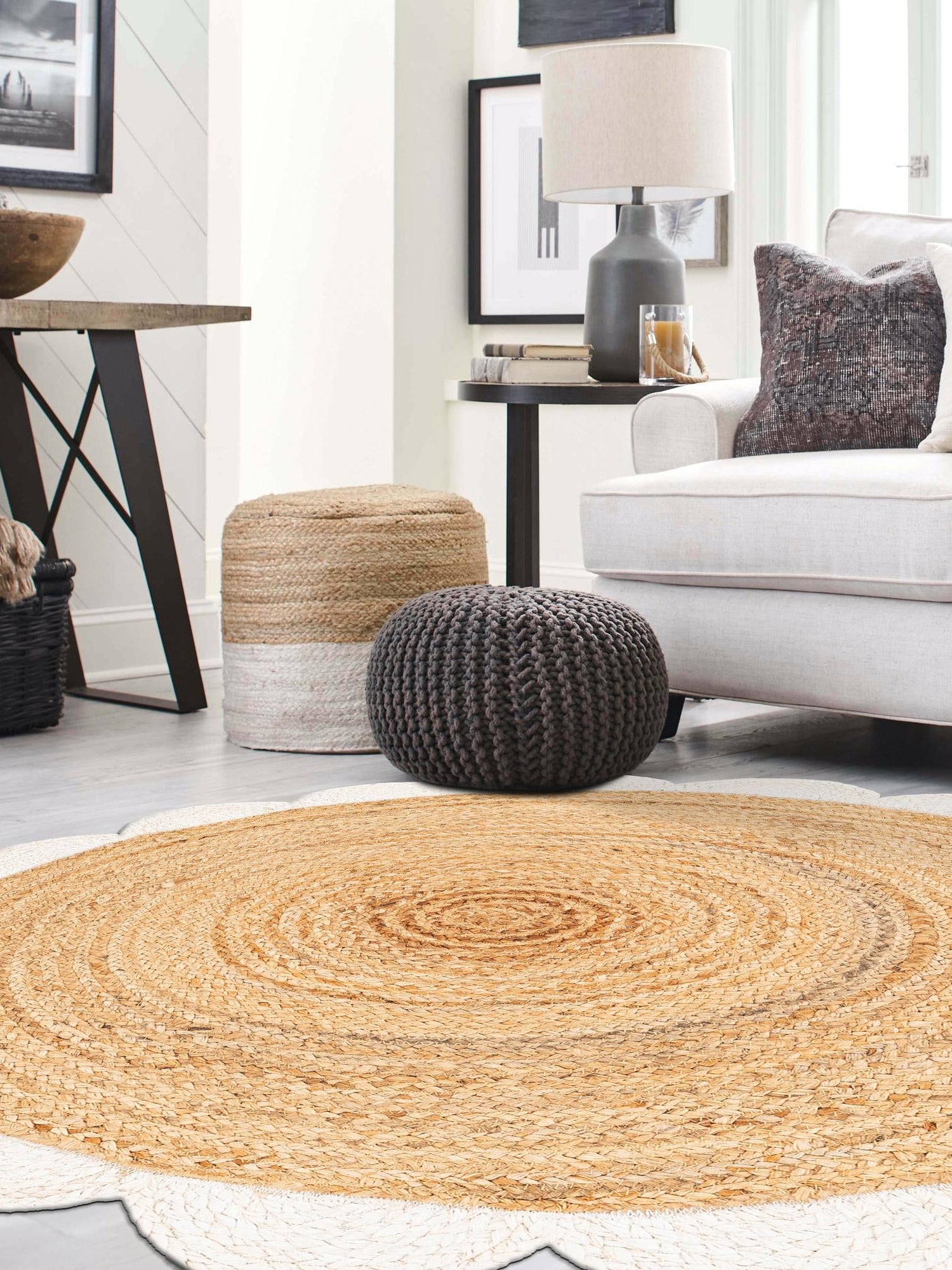 Natural and Ivory 4' 1 x 4' 1 Scallop Braided Jute Round Area Rug Eco Friendly 100% Jute All Natural Durable Carpet for Affordable Unique Home Interiors for Sale at Rug Engine