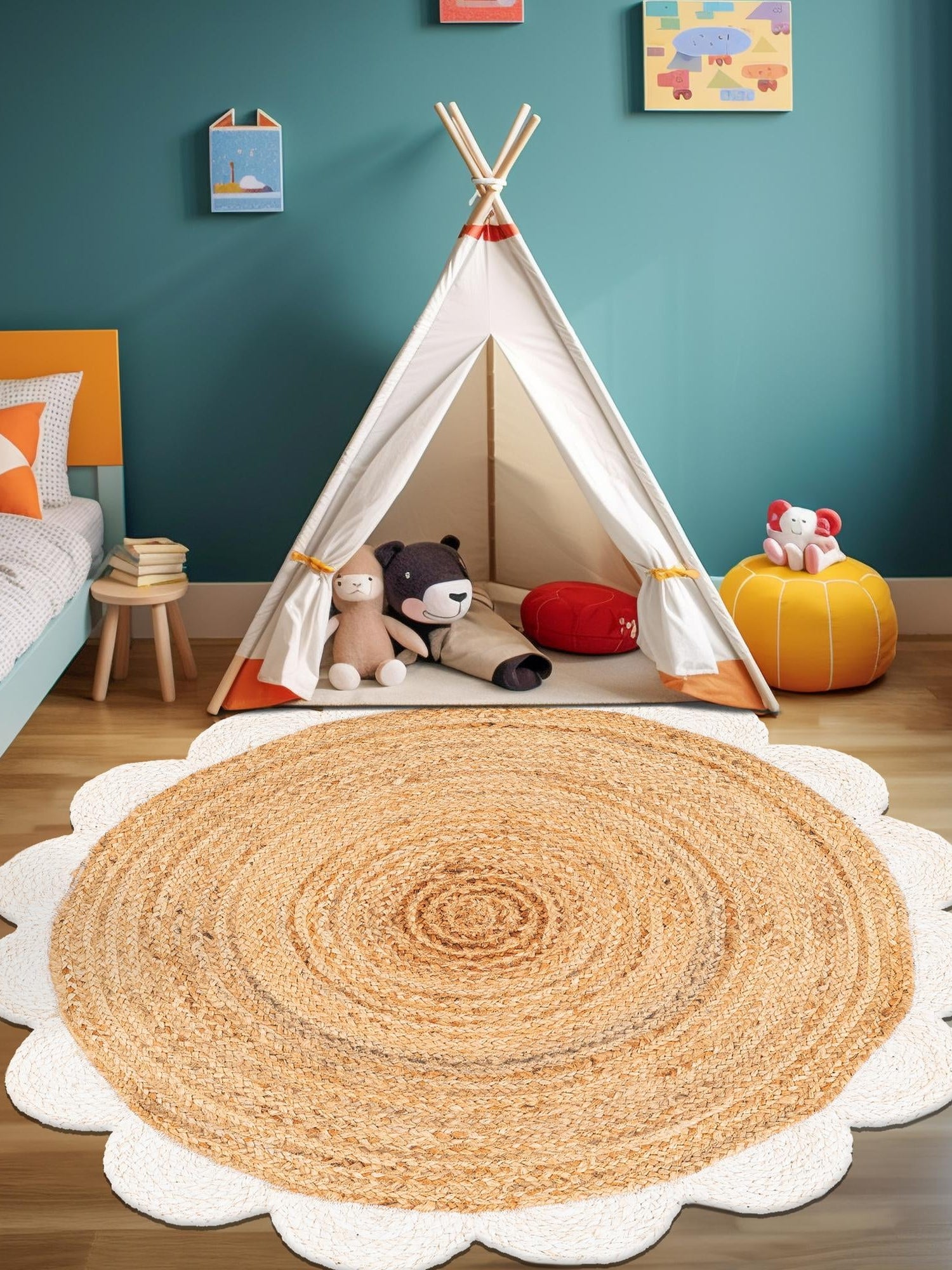 Natural and Ivory 6' 1 x 6' 1 Scallop Braided Jute Round Area Rug Eco Friendly 100% Jute All Natural Durable Carpet for Affordable Unique Home Interiors for Sale at Rug Engine
