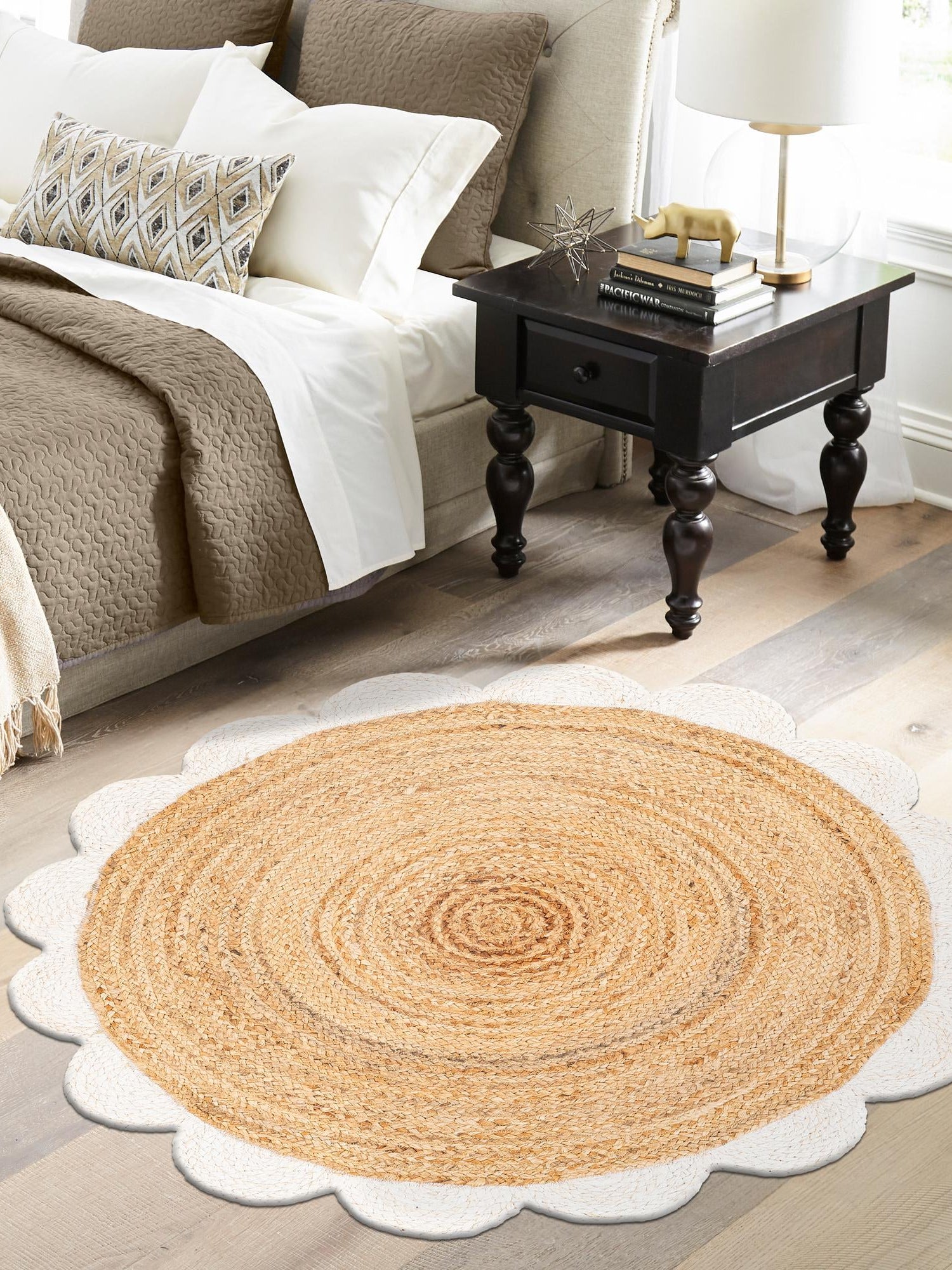 Natural and Ivory 5' 1 x 5' 1 Scallop Braided Jute Round Area Rug Eco Friendly 100% Jute All Natural Durable Carpet for Affordable Unique Home Interiors for Sale at Rug Engine