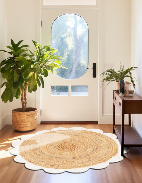 Natural and Ivory 3' 1 x 3' 1 Scallop Braided Jute Round Area Rug Eco Friendly 100% Jute All Natural Durable Carpet for Affordable Unique Home Interiors for Sale at Rug Engine