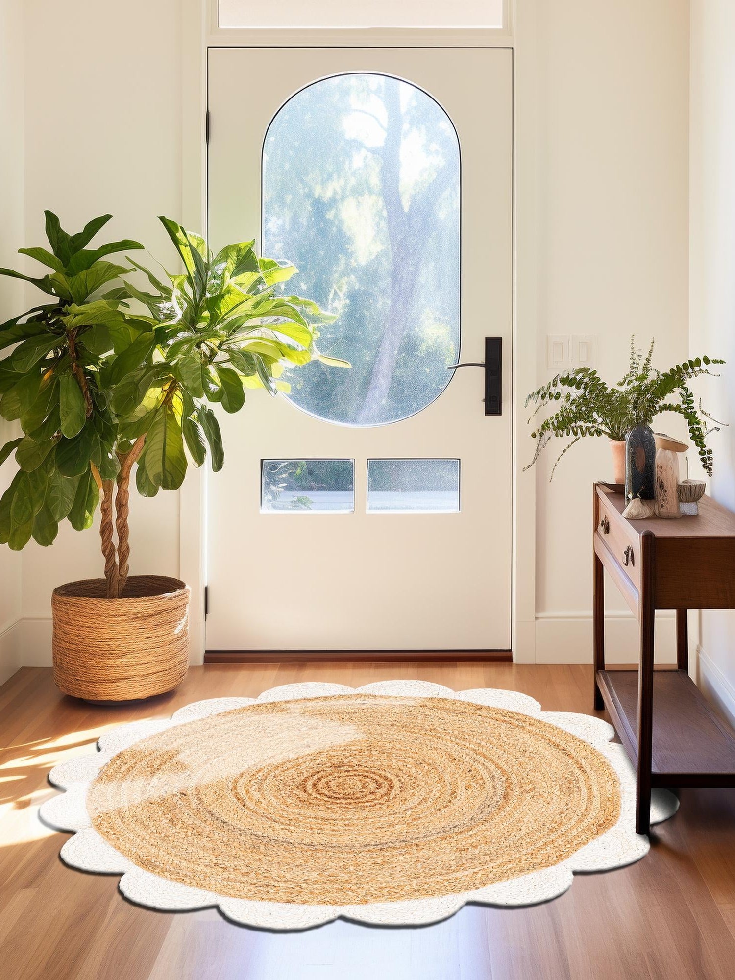 Natural and Ivory 8' x 8' Scallop Braided Jute Round Area Rug Eco Friendly 100% Jute All Natural Durable Carpet for Affordable Unique Home Interiors for Sale at Rug Engine