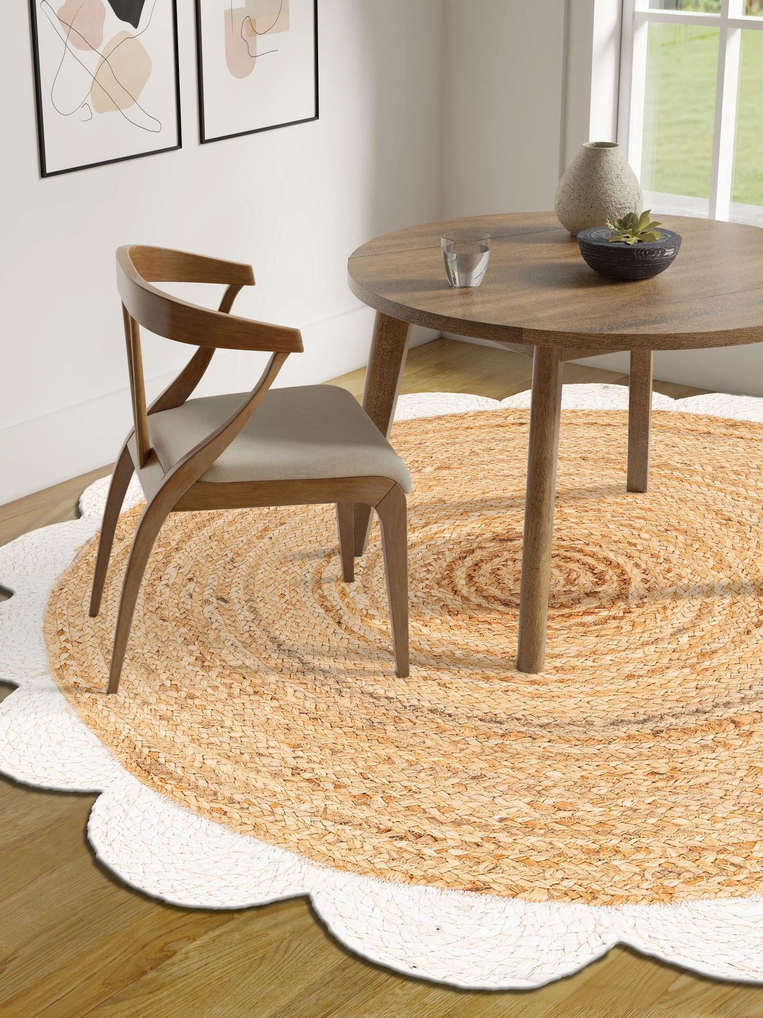 Natural and Ivory 5' 1 x 5' 1 Scallop Braided Jute Round Area Rug Eco Friendly 100% Jute All Natural Durable Carpet for Affordable Unique Home Interiors for Sale at Rug Engine