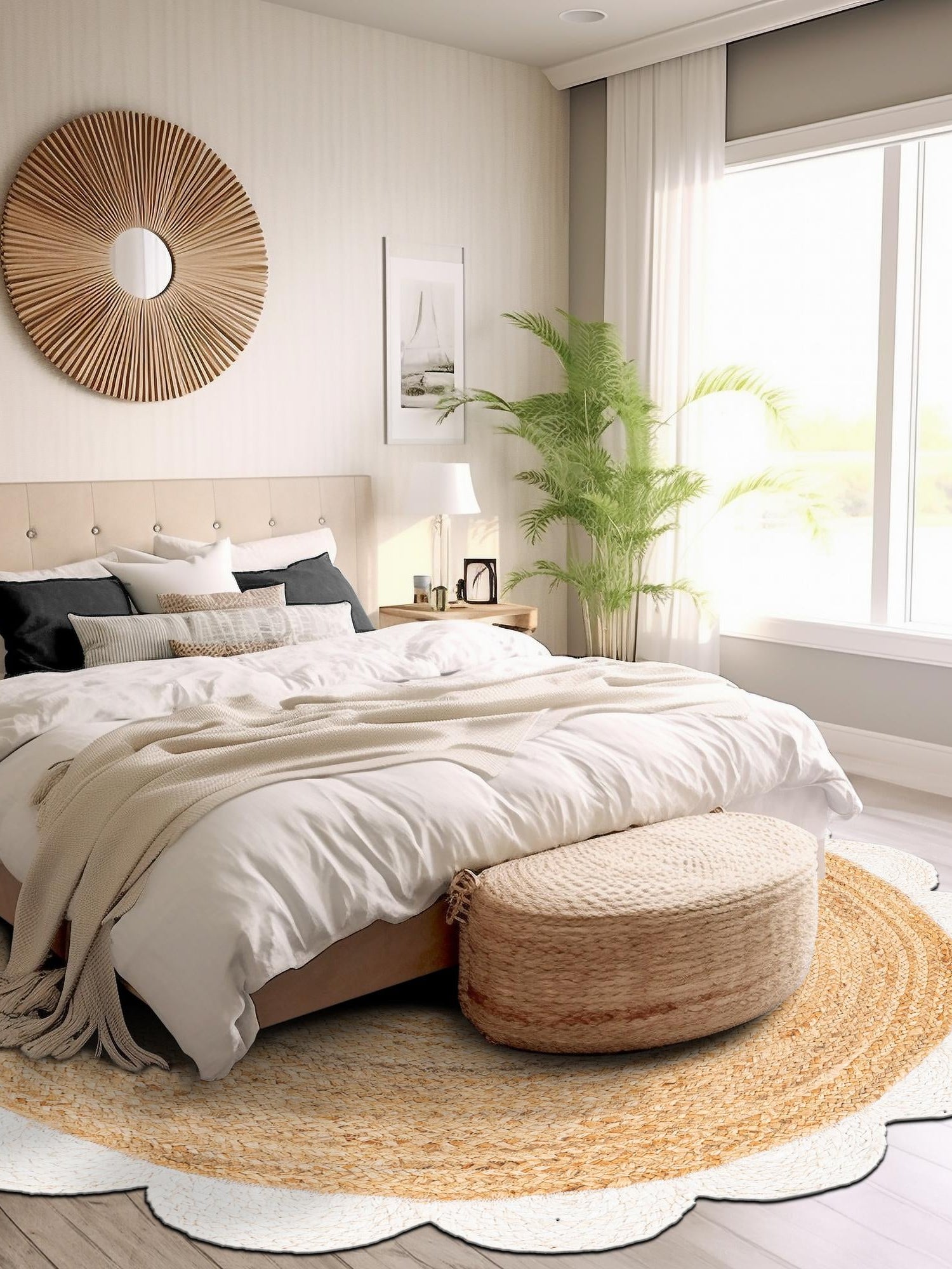 Natural and Ivory 6' 1 x 6' 1 Scallop Braided Jute Round Area Rug Eco Friendly 100% Jute All Natural Durable Carpet for Affordable Unique Home Interiors for Sale at Rug Engine