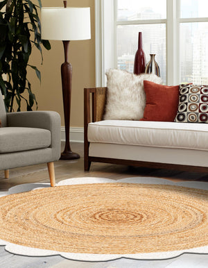 Natural and Ivory 3' 1 x 3' 1 Scallop Braided Jute Round Rug