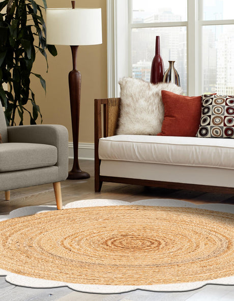 Natural and Ivory 3' 1 x 3' 1 Scallop Braided Jute Round Area Rug Eco Friendly 100% Jute All Natural Durable Carpet for Affordable Unique Home Interiors for Sale at Rug Engine
