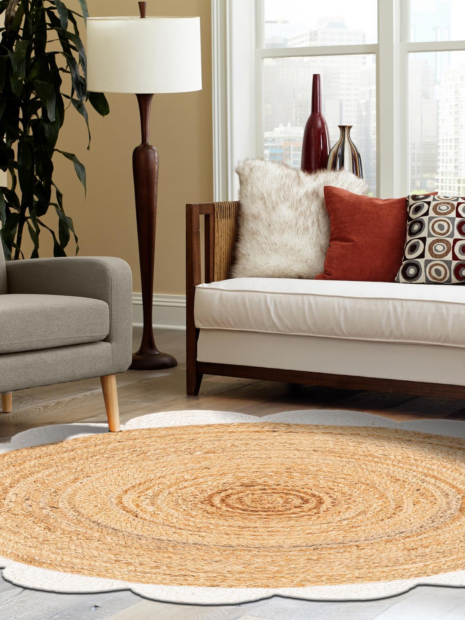 Natural and Ivory 6' 1 x 6' 1 Scallop Braided Jute Round Area Rug Eco Friendly 100% Jute All Natural Durable Carpet for Affordable Unique Home Interiors for Sale at Rug Engine
