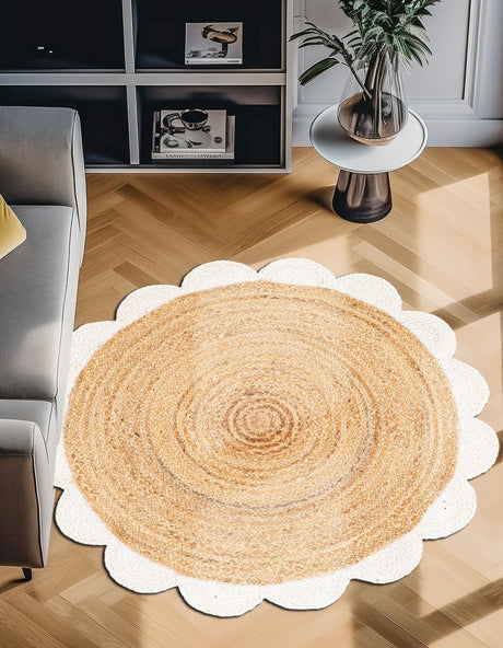 Natural and Ivory 3' 1 x 3' 1 Scallop Braided Jute Round Area Rug Eco Friendly 100% Jute All Natural Durable Carpet for Affordable Unique Home Interiors for Sale at Rug Engine