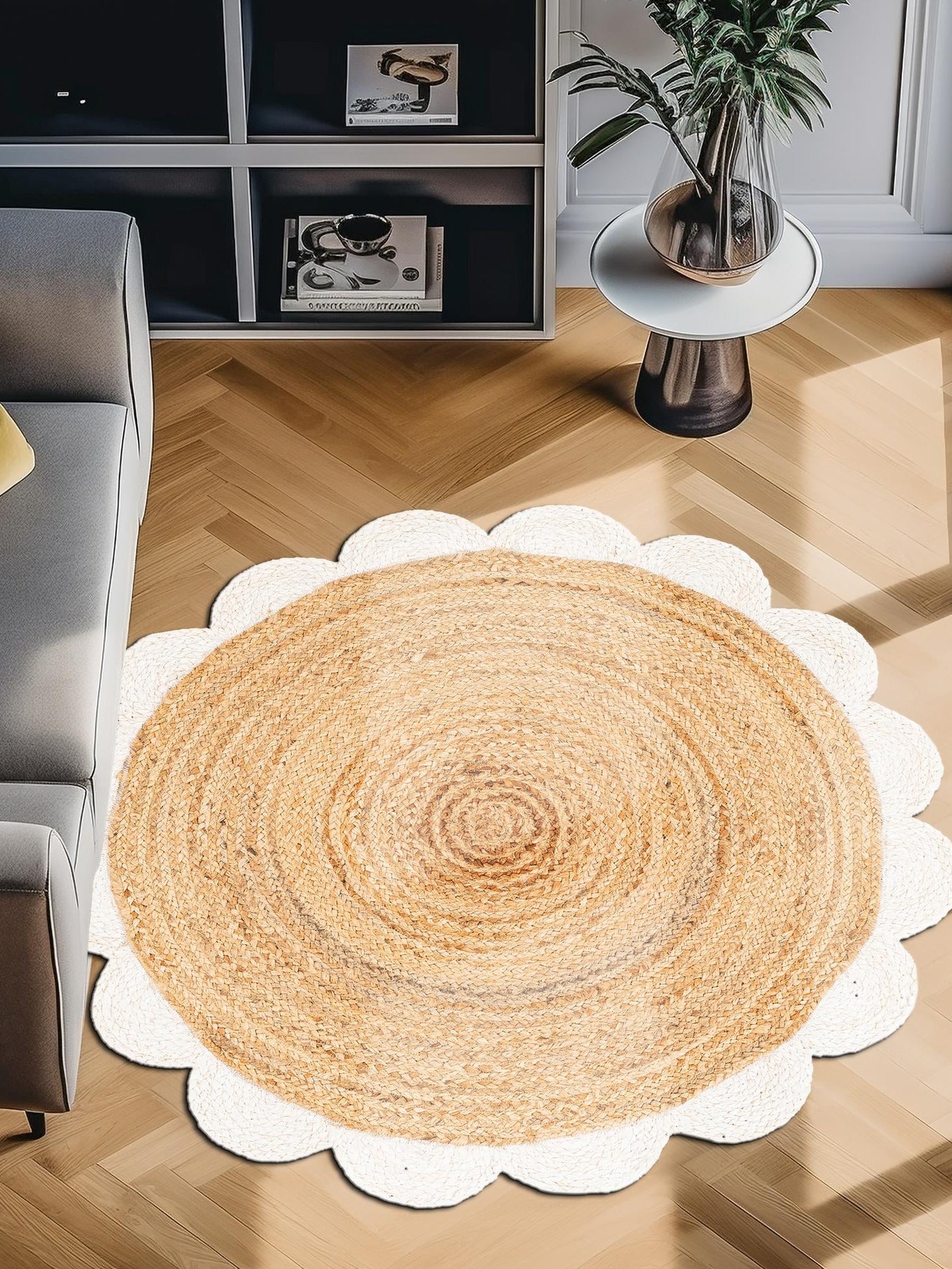 Natural and Ivory 6' 1 x 6' 1 Scallop Braided Jute Round Area Rug Eco Friendly 100% Jute All Natural Durable Carpet for Affordable Unique Home Interiors for Sale at Rug Engine