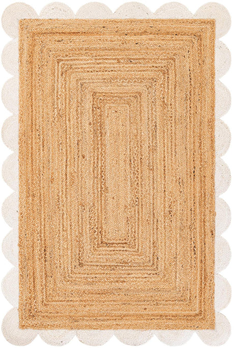 Natural and Ivory 4' 1 x 6' 1 Scallop Braided Jute Rectangle Area Rug Eco Friendly 100% Jute All Natural Durable Carpet for Affordable Unique Home Interiors for Sale at Rug Engine