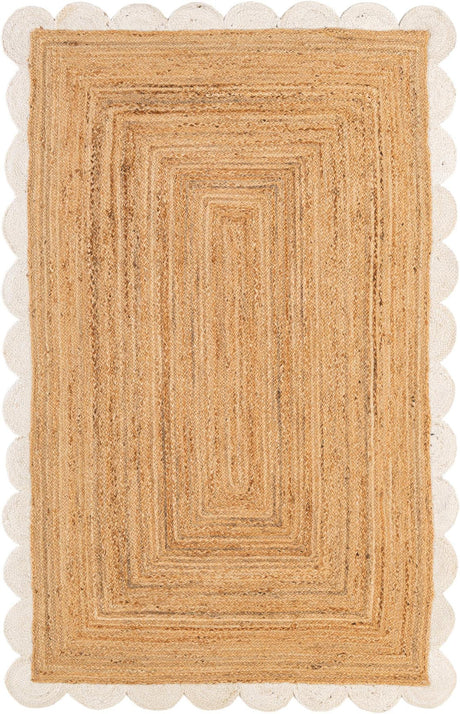 Natural and Ivory 5' 1 x 8' Scallop Braided Jute Rectangle Rug