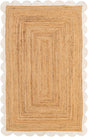 Natural and Ivory 5' 1 x 8' Scallop Braided Jute Rectangle Rug