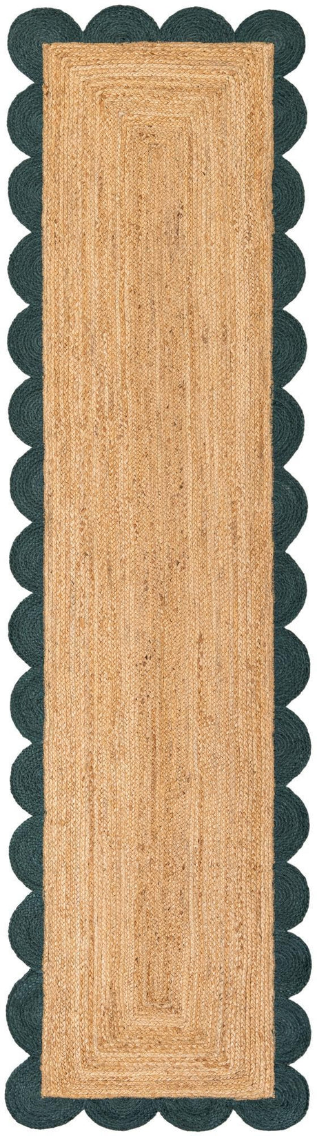 Natural and Green 3' x 10' Scallop Braided Jute Runner Rug