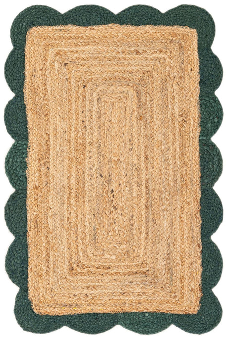 Natural and Green 2' x 3' 1 Scallop Braided Jute Rectangle Rug