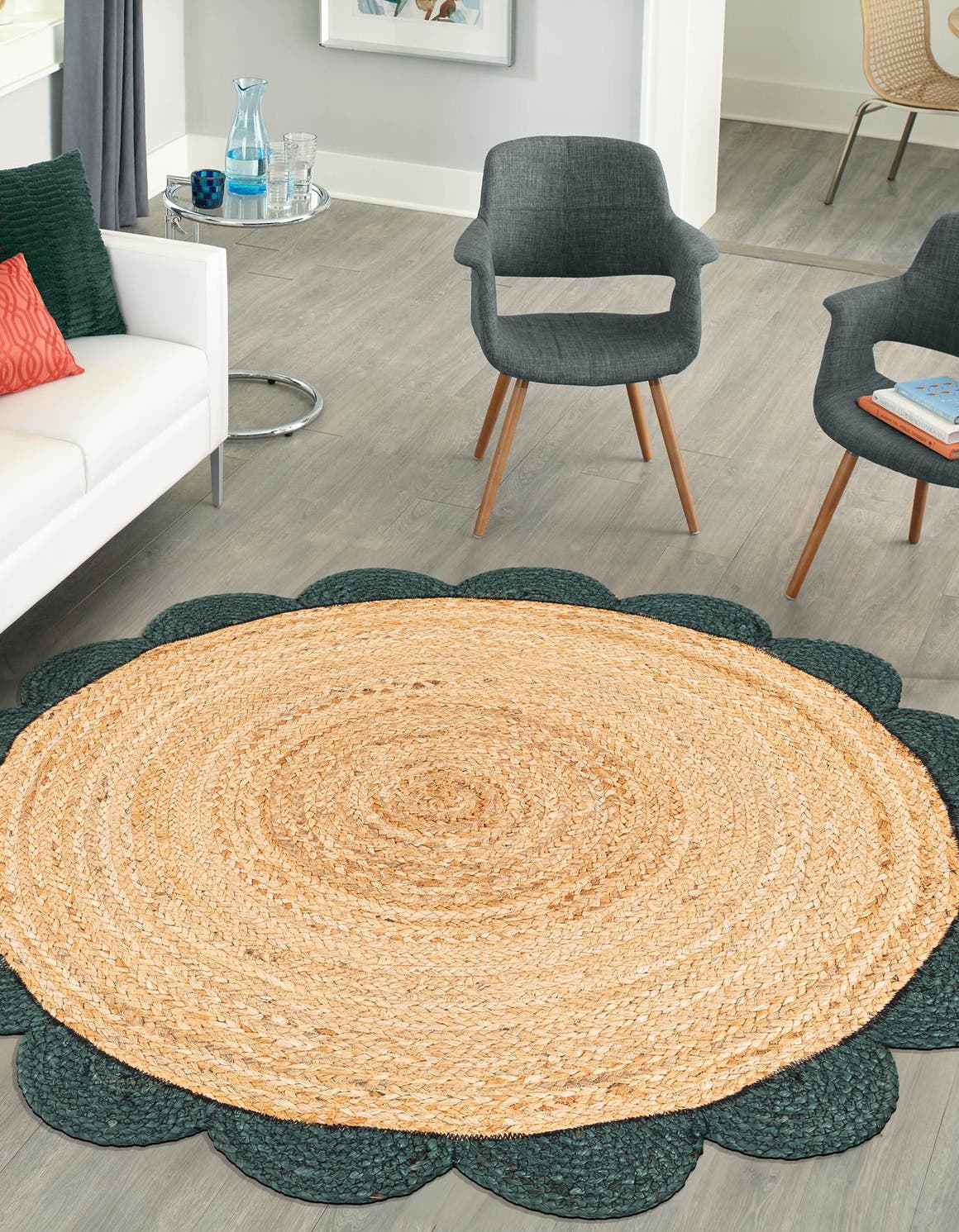 Natural and Green 3' 1 x 3' 1 Scallop Braided Jute Round Area Rug Eco Friendly 100% Jute All Natural Durable Carpet for Affordable Unique Home Interiors for Sale at Rug Engine
