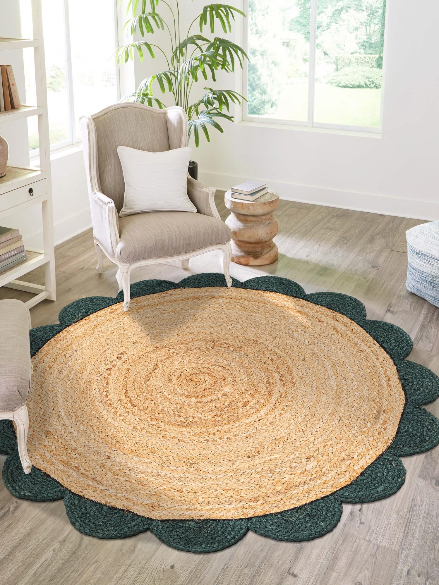 Natural and Green 8' x 8' Scallop Braided Jute Round Area Rug Eco Friendly 100% Jute All Natural Durable Carpet for Affordable Unique Home Interiors for Sale at Rug Engine