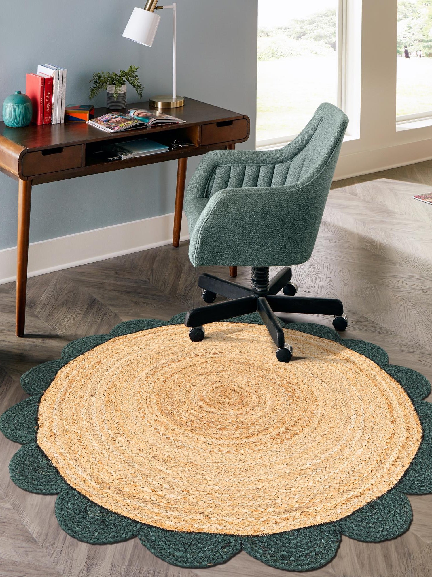 Natural and Green 6' 1 x 6' 1 Scallop Braided Jute Round Area Rug Eco Friendly 100% Jute All Natural Durable Carpet for Affordable Unique Home Interiors for Sale at Rug Engine