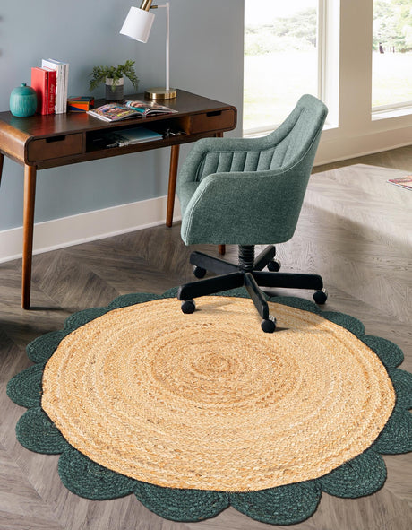 Natural and Green 6' 1 x 6' 1 Scallop Braided Jute Round Area Rug Eco Friendly 100% Jute All Natural Durable Carpet for Affordable Unique Home Interiors for Sale at Rug Engine