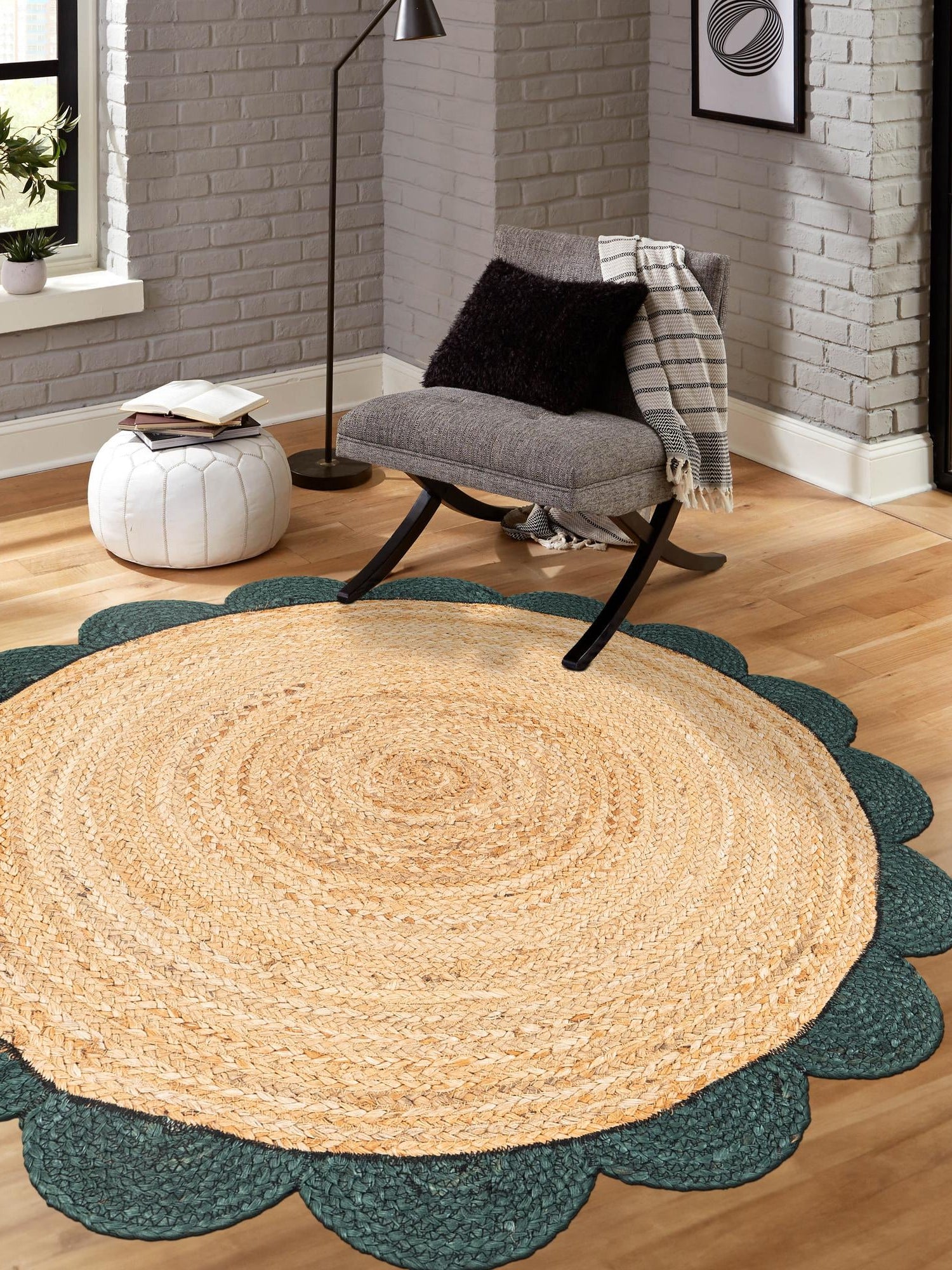 Natural and Green 4' 1 x 4' 1 Scallop Braided Jute Round Area Rug Eco Friendly 100% Jute All Natural Durable Carpet for Affordable Unique Home Interiors for Sale at Rug Engine