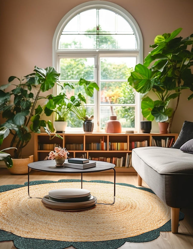 Natural and Green 3' 1 x 3' 1 Scallop Braided Jute Round Rug