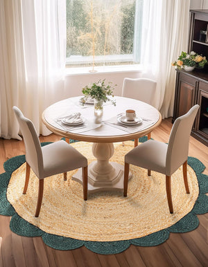 Natural and Green 3' 1 x 3' 1 Scallop Braided Jute Round Rug