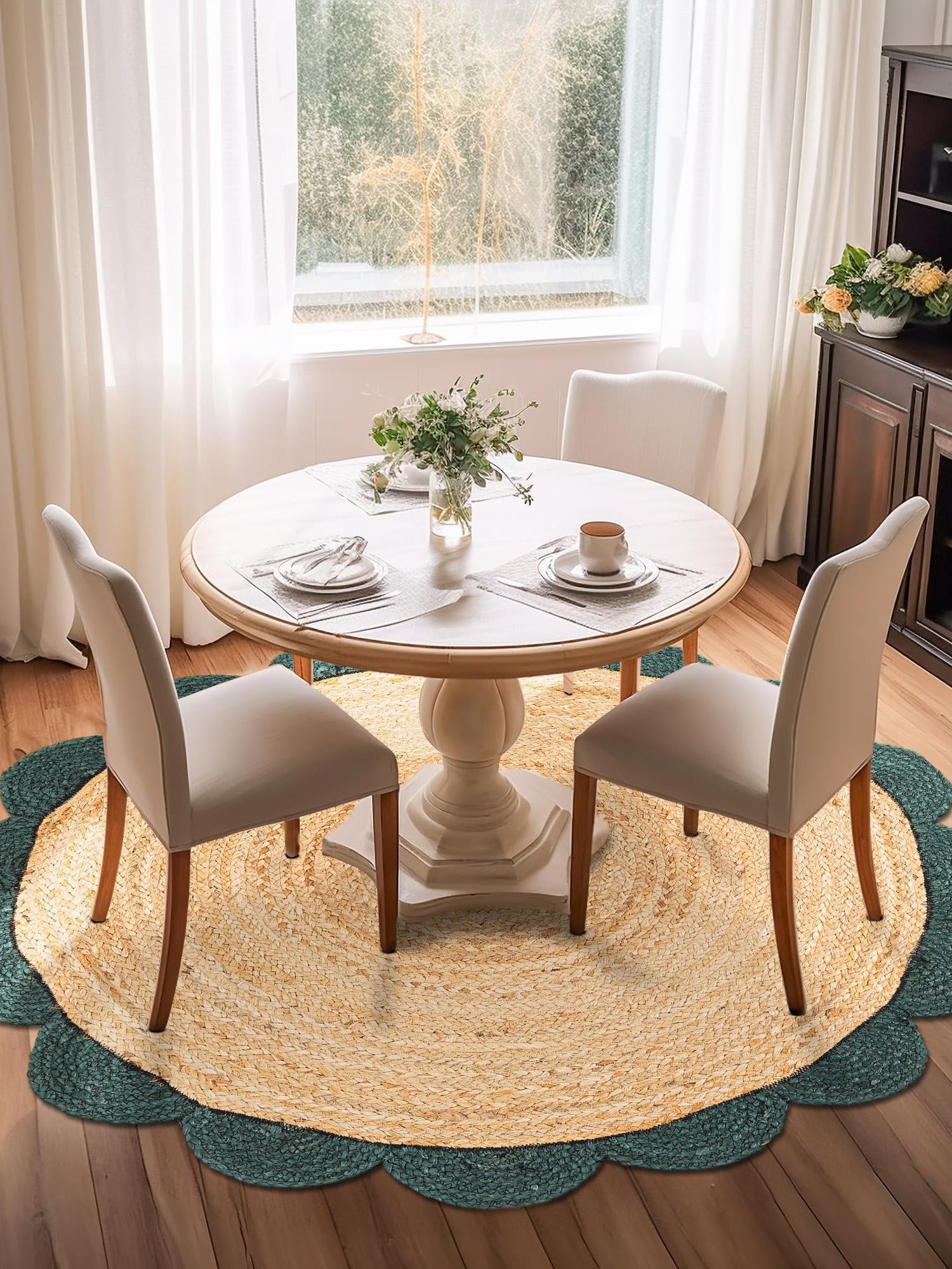 Natural and Green 8' x 8' Scallop Braided Jute Round Area Rug Eco Friendly 100% Jute All Natural Durable Carpet for Affordable Unique Home Interiors for Sale at Rug Engine