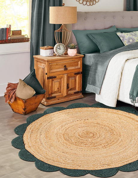 Natural and Green 6' 1 x 6' 1 Scallop Braided Jute Round Area Rug Eco Friendly 100% Jute All Natural Durable Carpet for Affordable Unique Home Interiors for Sale at Rug Engine